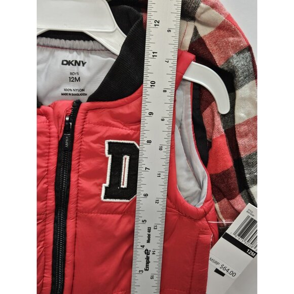 DKNY Size 12M Set Of 3, Red Vest/ Black Pants/ Red Plaid Button Up Long Sleeve - Picture 4 of 12
